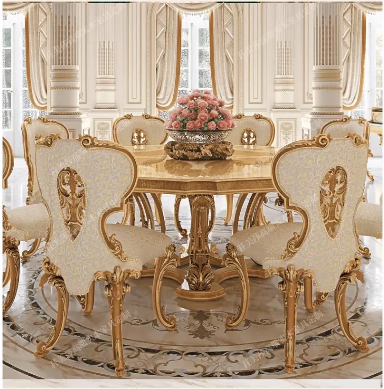 European solid wood round table hand carving art retro do old craft French court classical hand-painted dining tables and chairs