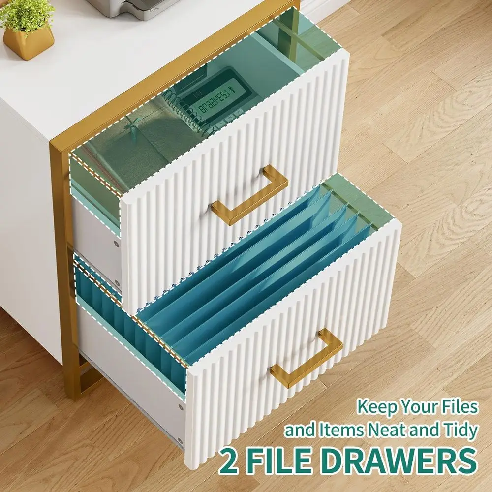 White and Gold 2-Drawer Lateral Home Office File Cabinet