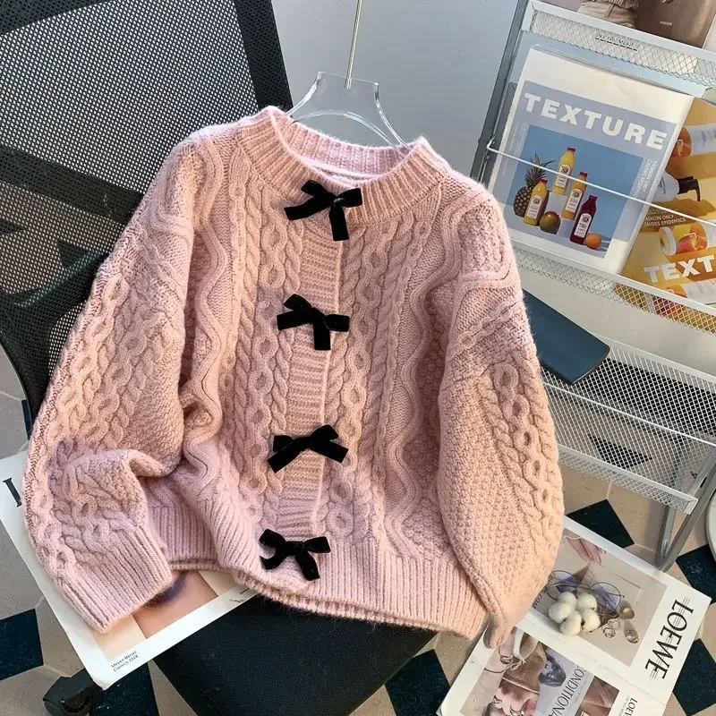 French Elegant Knitted Cardigan Sweet Oversized Chic Sweater V-Neck Long Sleeve Bow Knitwear Jumper Cozy Fashion Aesthetic B17