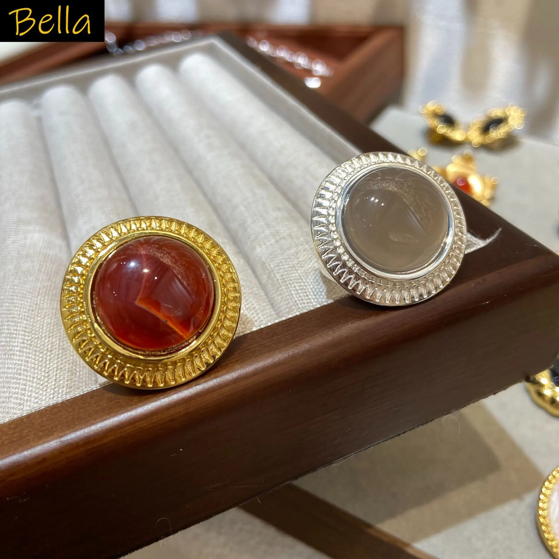 

women ring round natural stone vintage gold silver color white red trendy ring for women jewelry