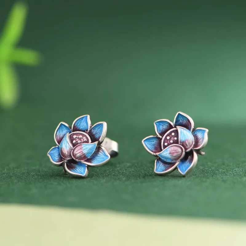 fashionable-s925-sterling-silver-lotus-ear-studs-traditional-chinese-blue-glazed-ceramic-women's-jewelry-lotus-design