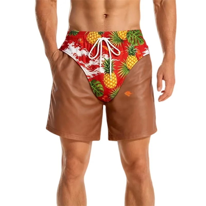 Funny Fake Two‑Piece Beach Shorts Hawaiian Tropical Simulation Drawstring Elastic Waist Vacatio Party  Shorts FamilyMatching