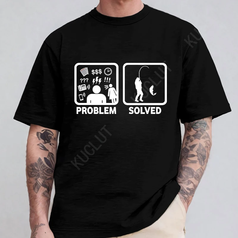 Funny The Problem Is Solved Marriage Divorcee Love Fishing Print Men T-Shirts Breathable Tee Clothes Summer Streetwear Tops