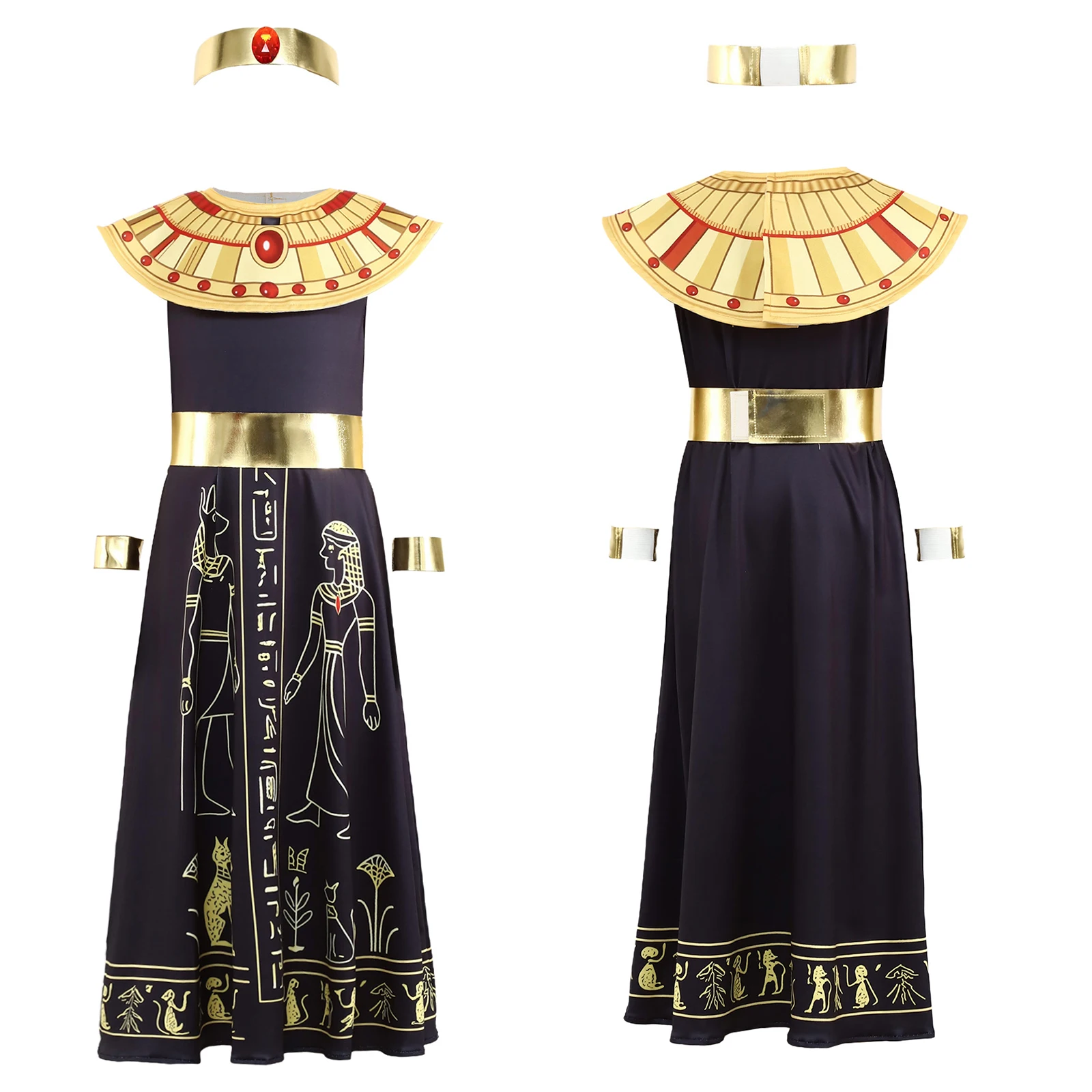 Girls Cleopatra Egypt Queen Cosplay Costume Sleeveless Dress with Neckwear Belt Wrist Bands Headband for Halloween Carnival - view 2