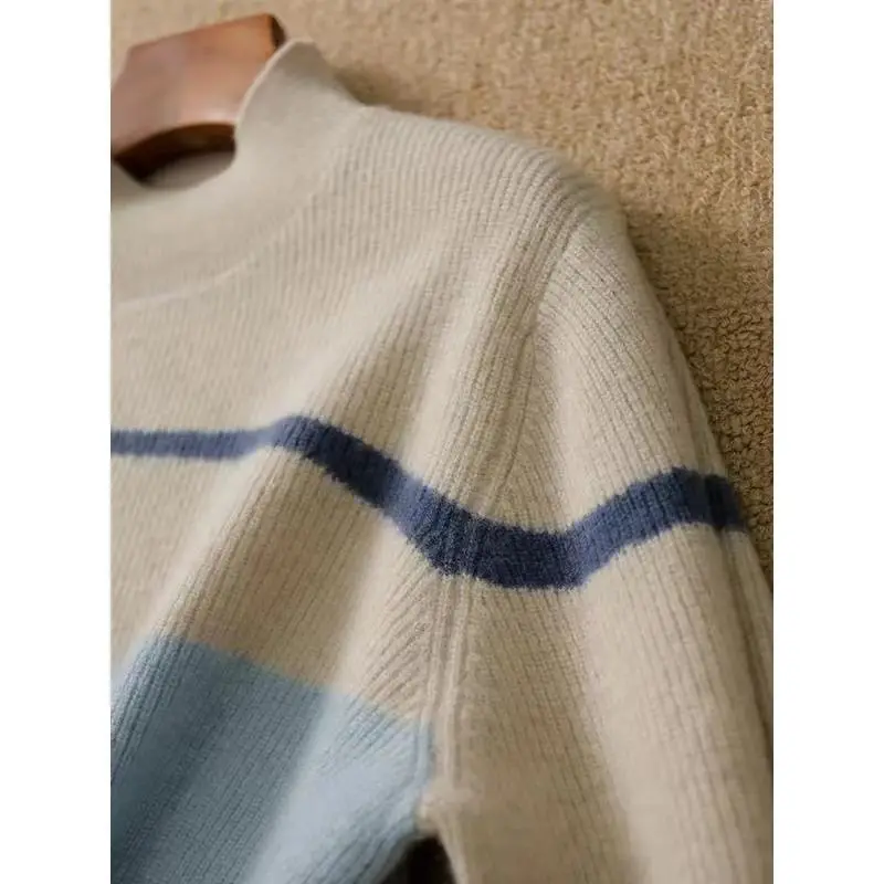 Mock Neck Striped Sweater Women Autumn Winter Loose Long Sleeve Knitwear Fashion All-match Trend Knitting Bottoming Shirt Tops