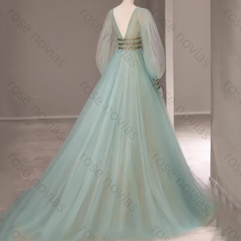 High Quality Tulle A-Line Evening Dress V-Neck Illusion Lantern Long Sleeve with Beading Sweep Train Women Customized Prom Gown
