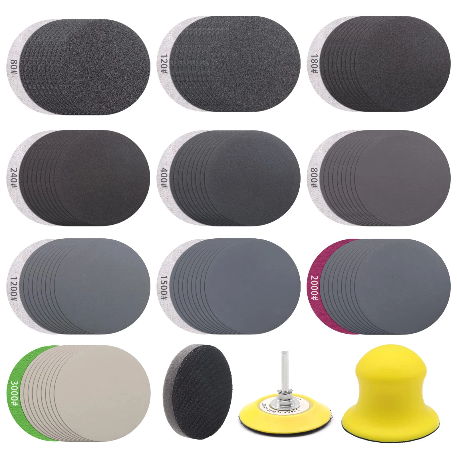 103Pcs 3 Inch Sanding Disc Set with Buffing Pad Backer Plate Assorted 80-3000Grits Wet Dry Sandpaper for Auto Wood Polishing