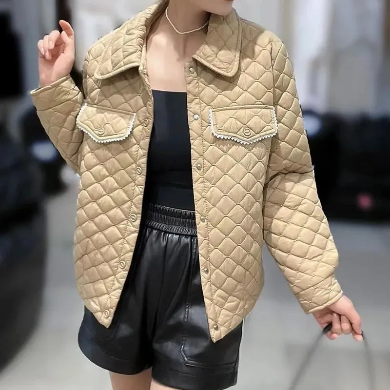 2022 Diamond Check Lightweight Quilted Cotton-padded Jacket Women Winter Short Parka Loose Coat Lady Casual Warm Top Outerwear