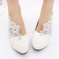 High heels white lace wedding shoes rhinestones decorative bridal shoes summer new products handmade wedding shoes