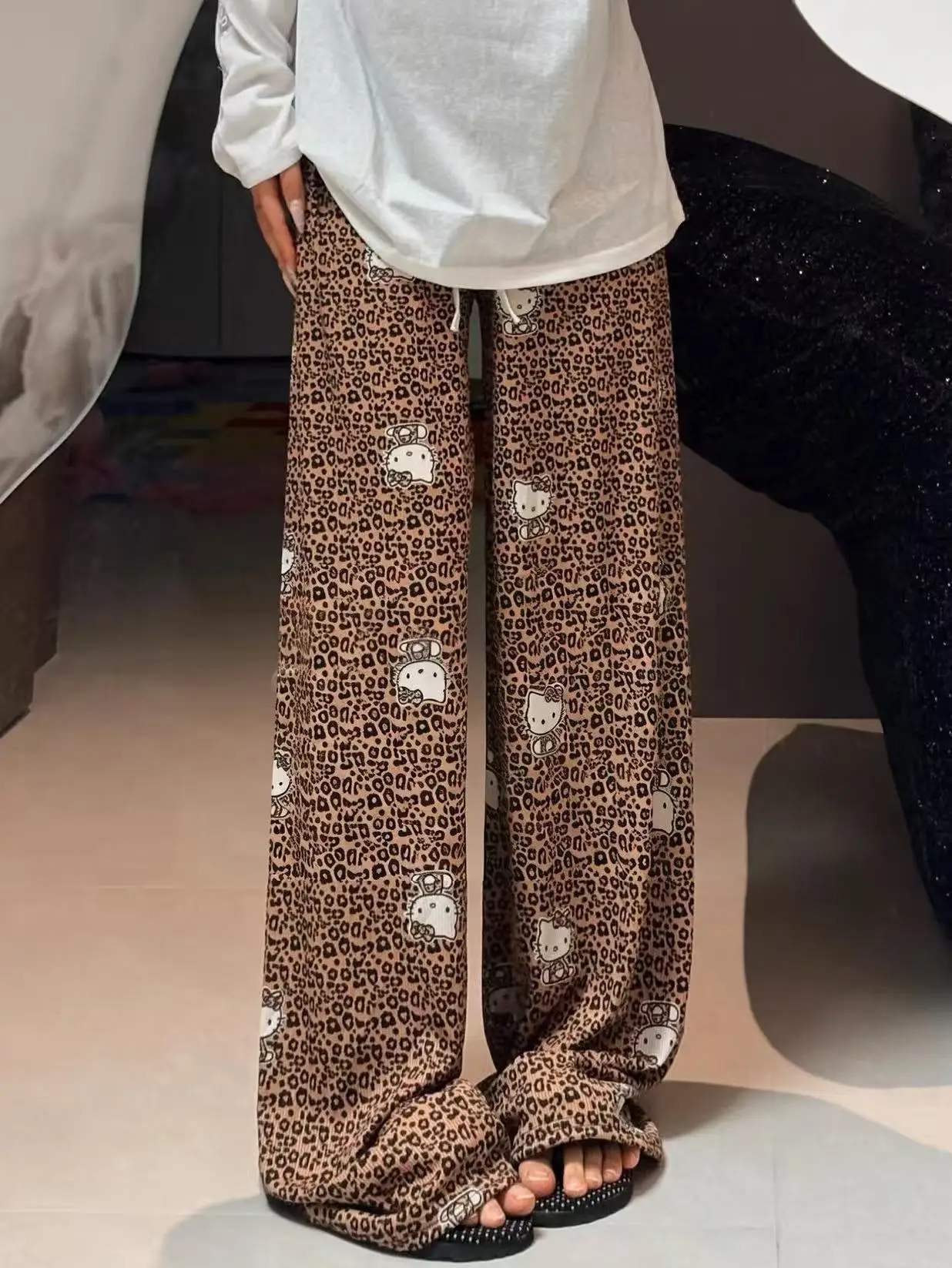 

Retro Hello Kitty Pants American Style High Waist Leisure Pants Cute KT Cat Printing Leopard Print Trousers Women's Home Clothin