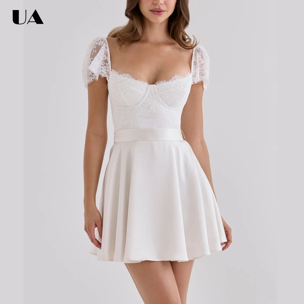 ULBYANRY Customized Satin Lace-detailed Mini Dresses for Women Elegant Tied Bow Bridemaid Dress Classy Cocktail Party Dress