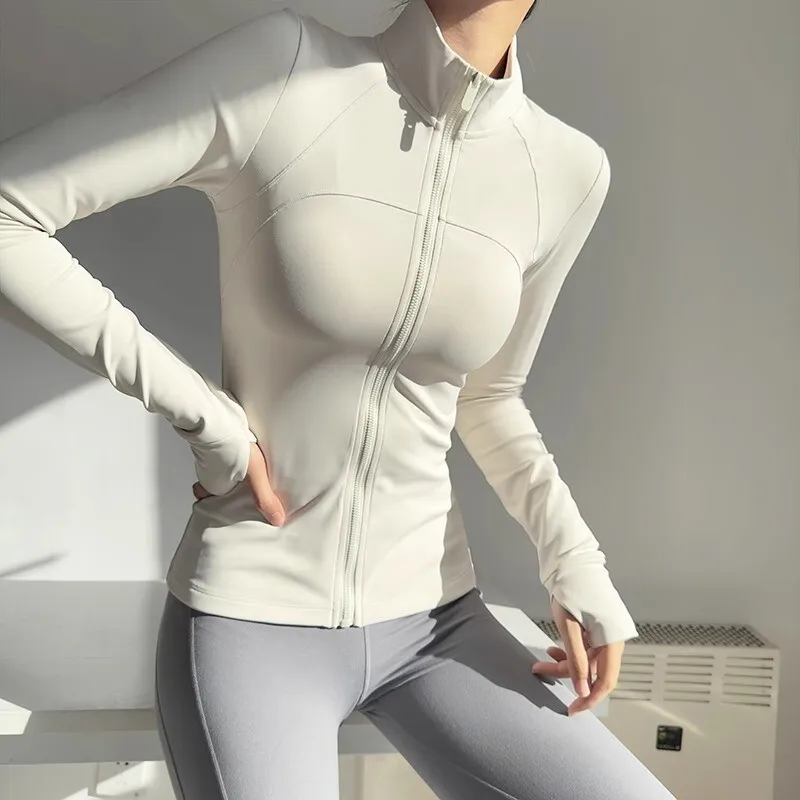 

White Quick Drying Clothes With Fleece Women's Autumn/winter 2024 New UV Resistant Yoga Clothes Stand Collar Slim Fit