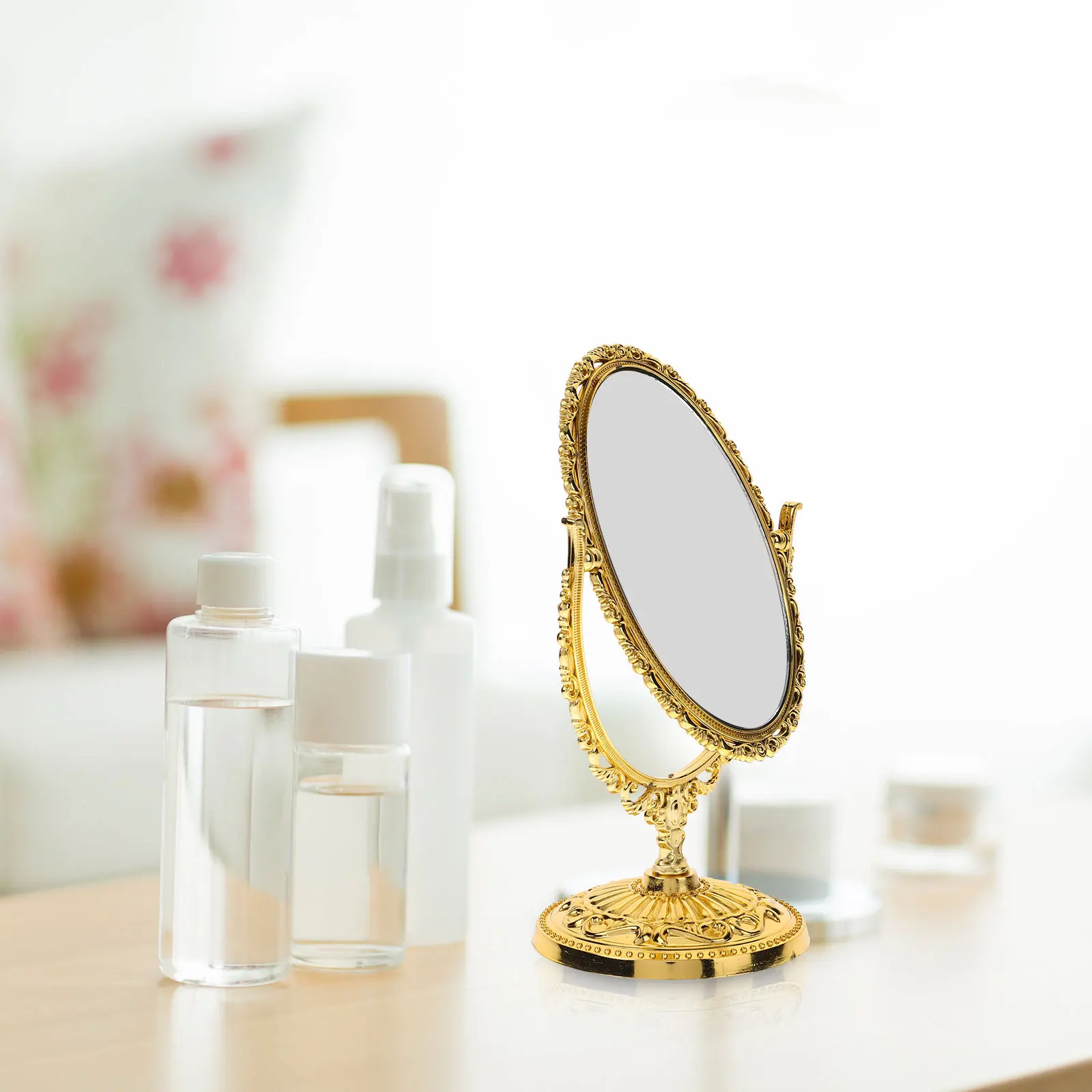 

Oval Shaped European Vintage Desktop Makeup Mirror Double Side Swivel 360 Rotating Stable Vanity for Bedroom