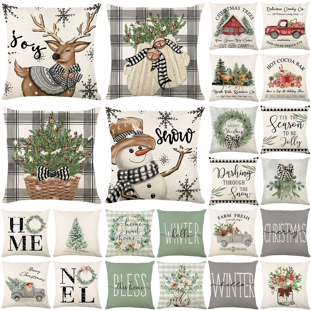 Merry Christmas Winter Reindeer Print Throw Pillow Case 45×45cm Linen Pillowcase Decorations Home Decor Cushion Cover for Sofa