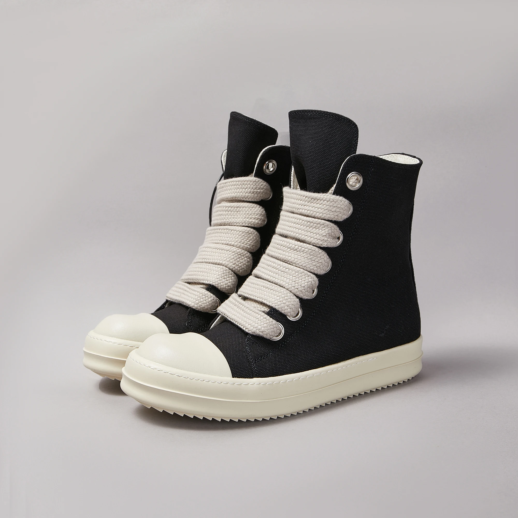 

Unisex Black High Top Sneakers –Designer Jumbo Lace Up Casual Streetwear Shoes with Zip Platform Sole Luxury Canvas Ankle Boots