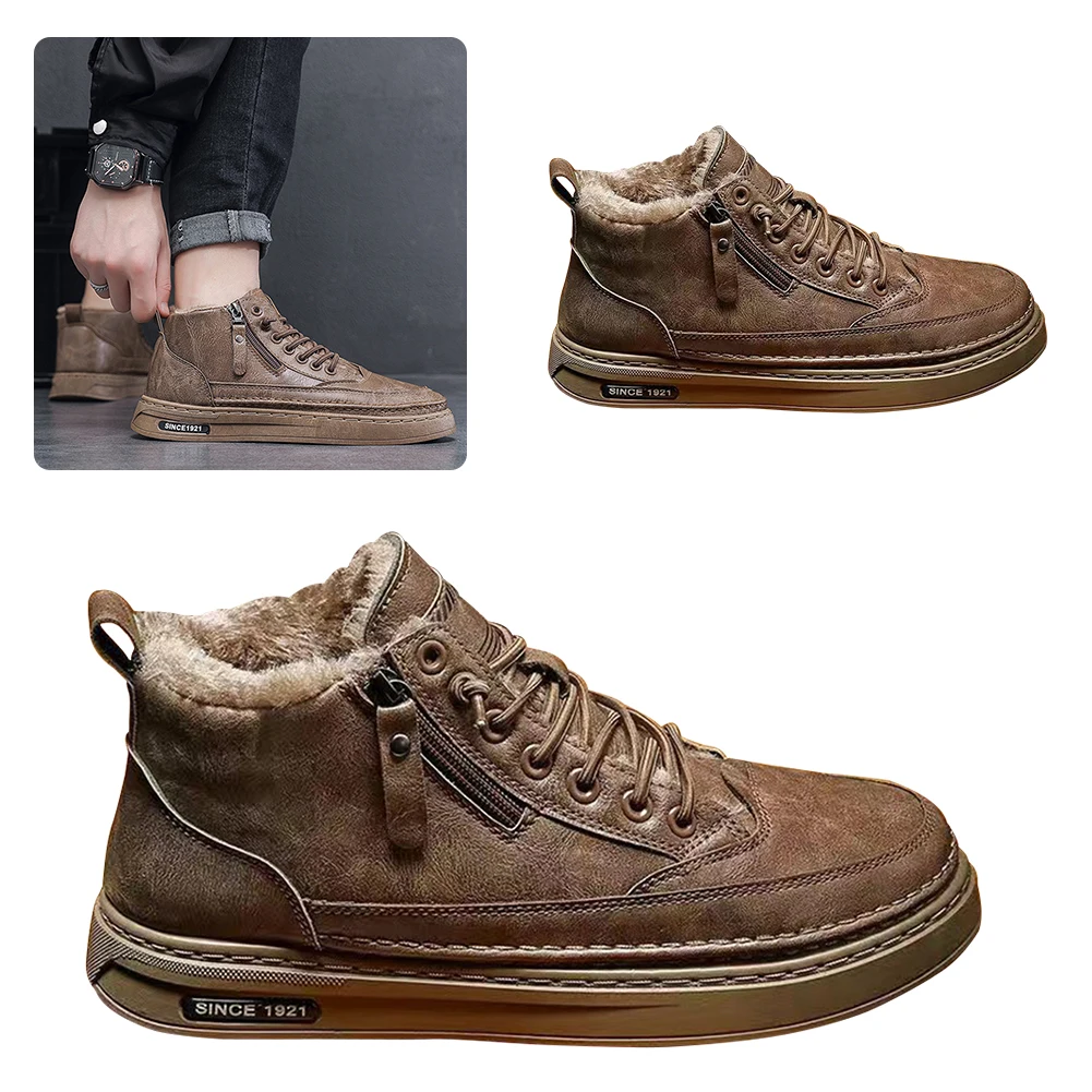 

PU Leather Plush Ankle Boots Waterproof Short Snow Boots Lightweight Boots Comfortable Mens Thickened for Outdoor Travel