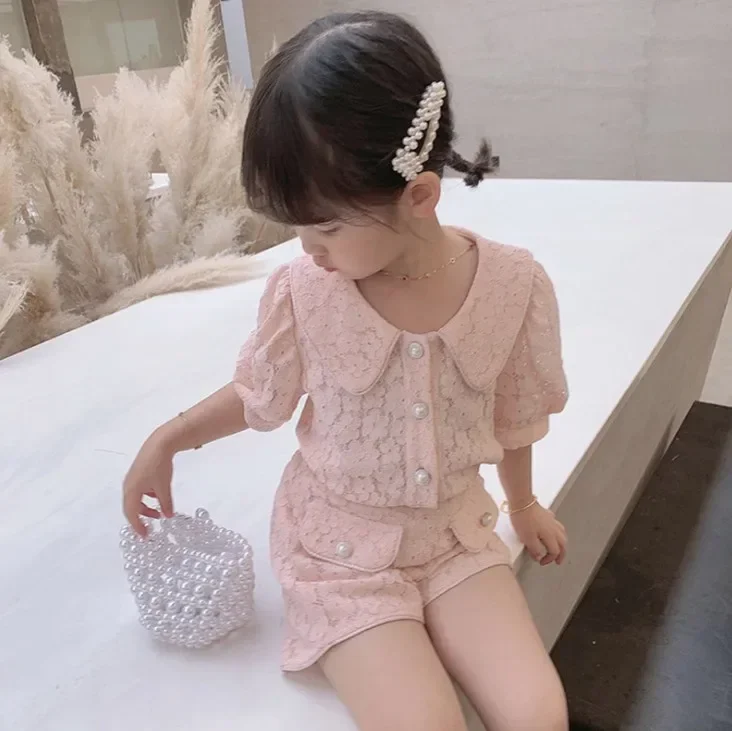 2024 New Summer Doll Collar Lace Little Clothes Outfit Girls Clothing Sets Kids Children Suit  2-8Yrs Clothes Boutique