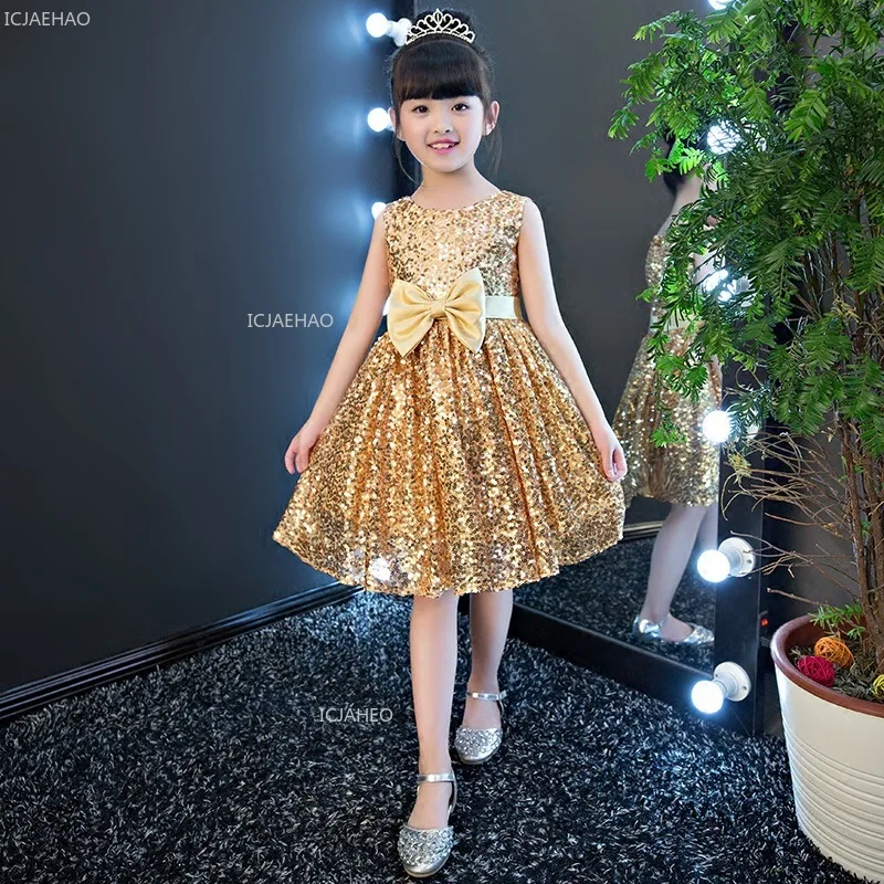 Girls Birthday Party Dress Silver Sequin Flower Girl Children Tutu Princess Gown for Wedding Pageant Dance Piano Recital Dresses