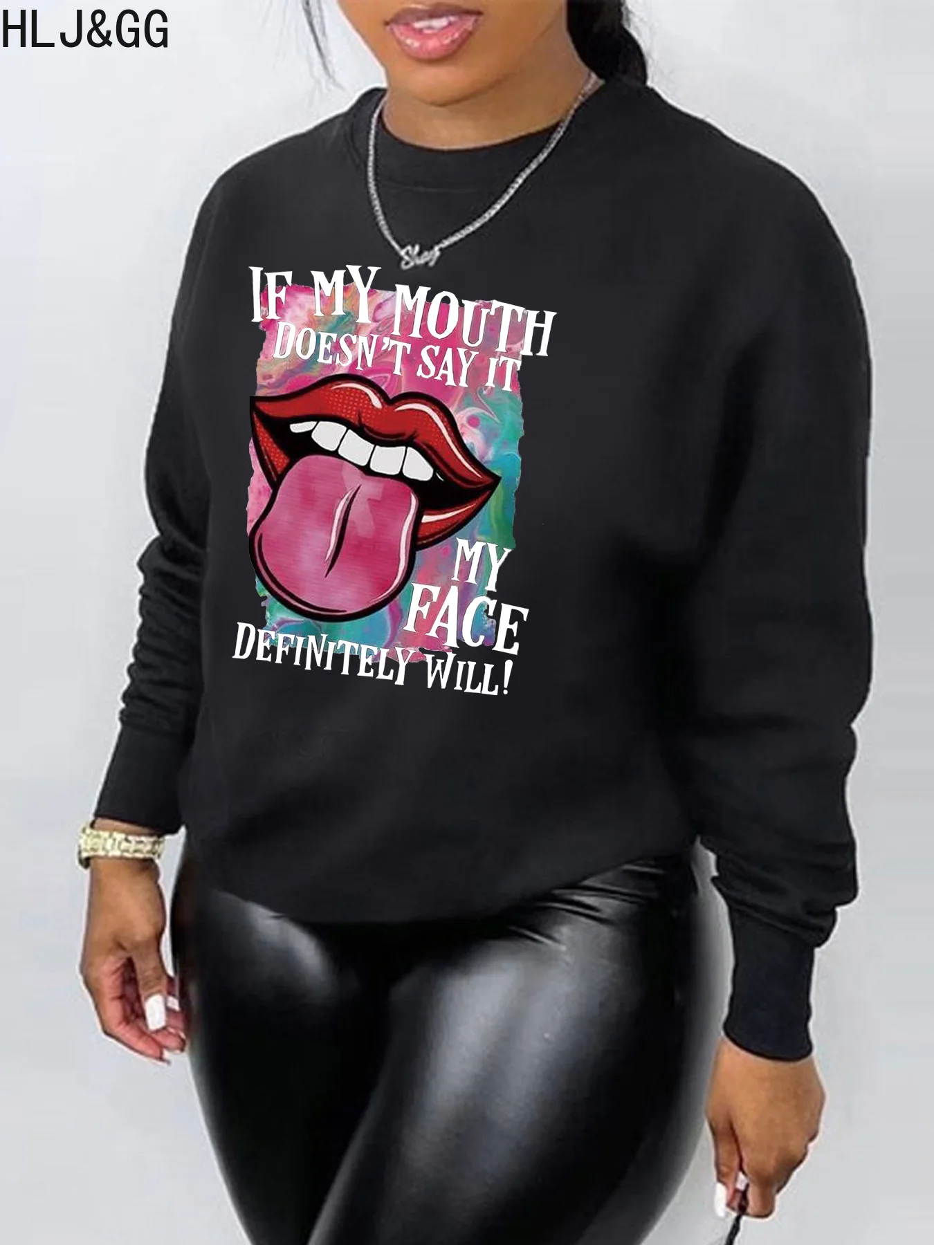 HLJ&GG Black Casual Pattern Printing Loose Top Women Round Neck Long Sleeve Sporty Clothing Female Matching Sporty Pullover 2024
