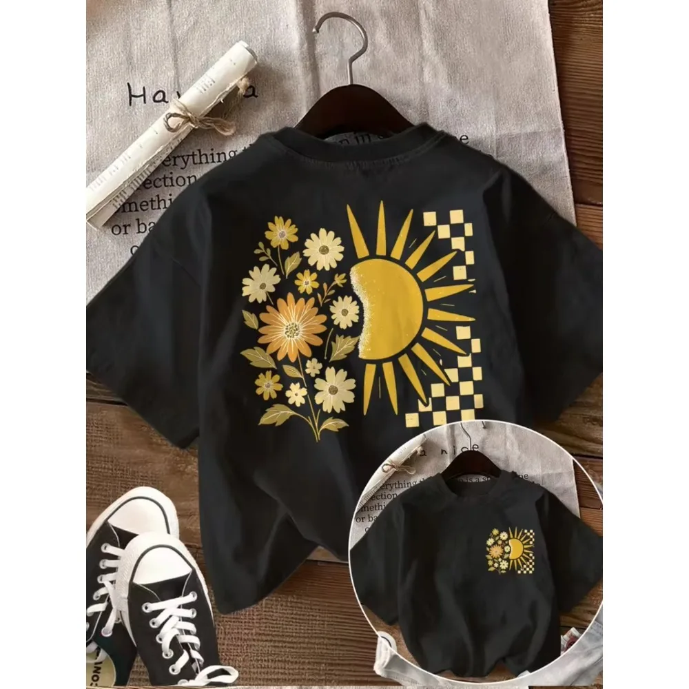 Retro Sun & Floral Graphic T-Shirt Boho Checkered Sunflower Summer Men Women Top Crew Neck Short Sleeve for Casual Daily Outfits