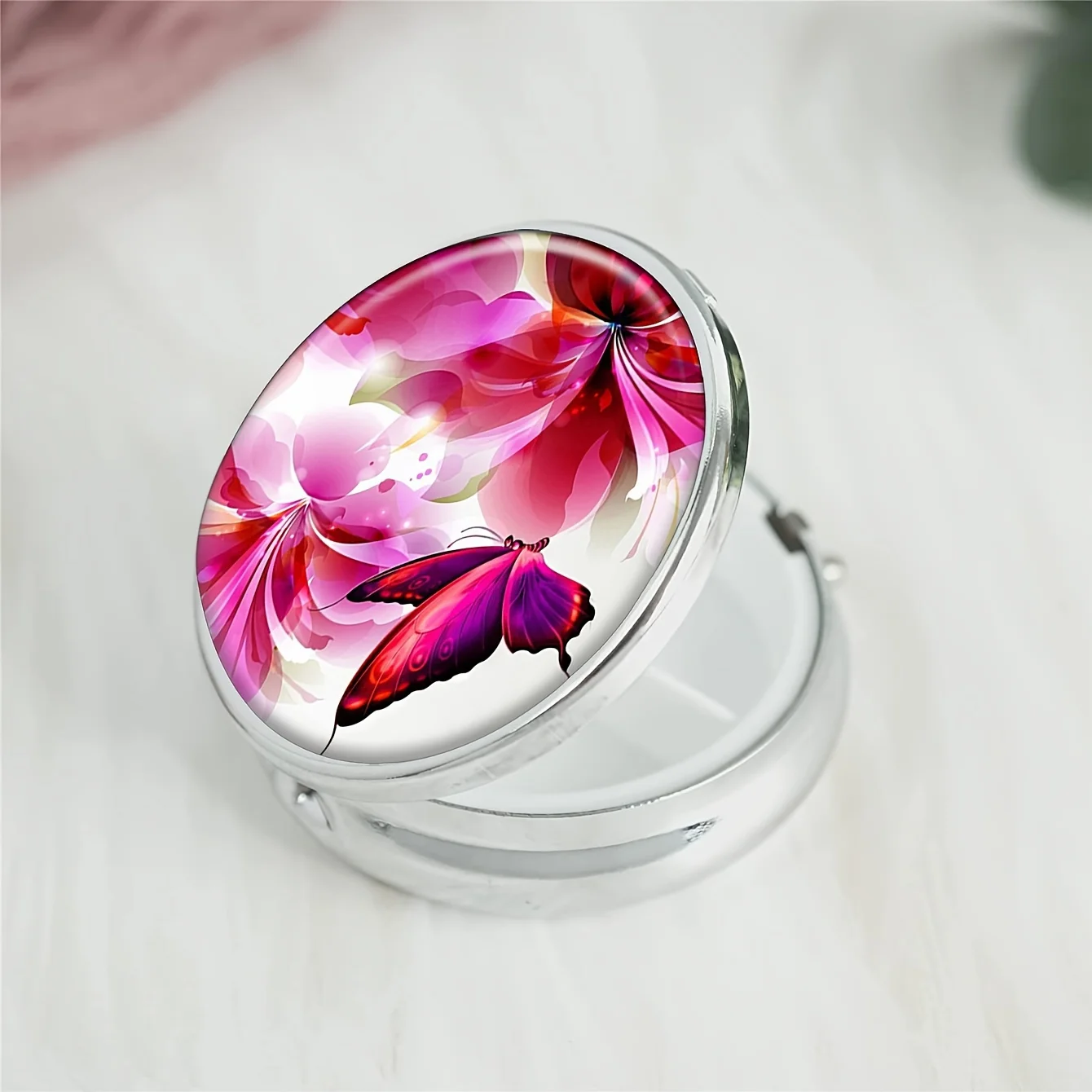 Bright Red Butterfly And Flower Round Pill Box,Household Portable Medicine Storage Box,3-grid Sub-packaging Medicine