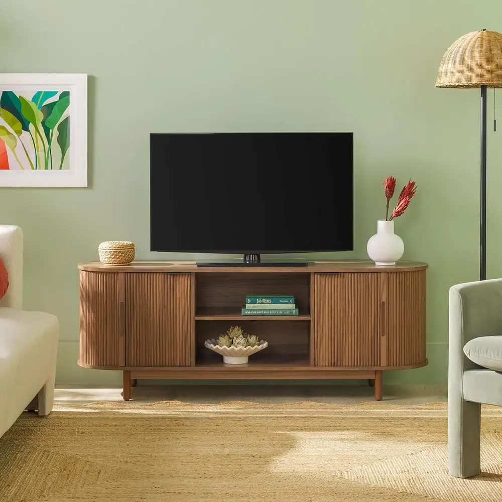 

Curved Reeded TV Stand with Sliding Door, Accommodates 65-60 Inch TVs, Mocha Finish