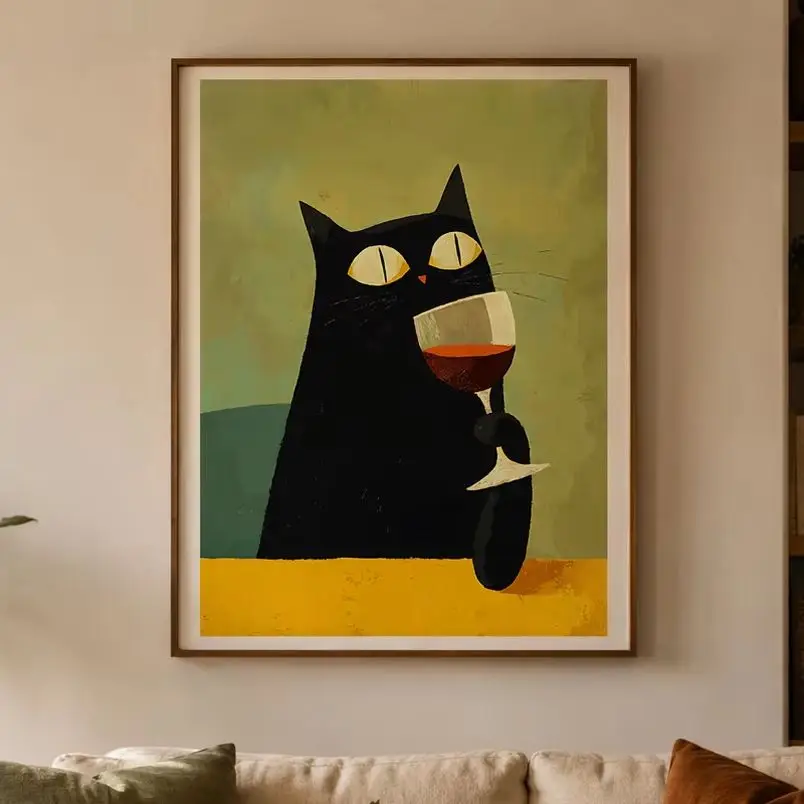 Black Cat Drinking Wine,Canvas Wall Print,Modern Art Illustration,High‑Grade Home Decoration Artwork for Bedroom,Living Room,Off