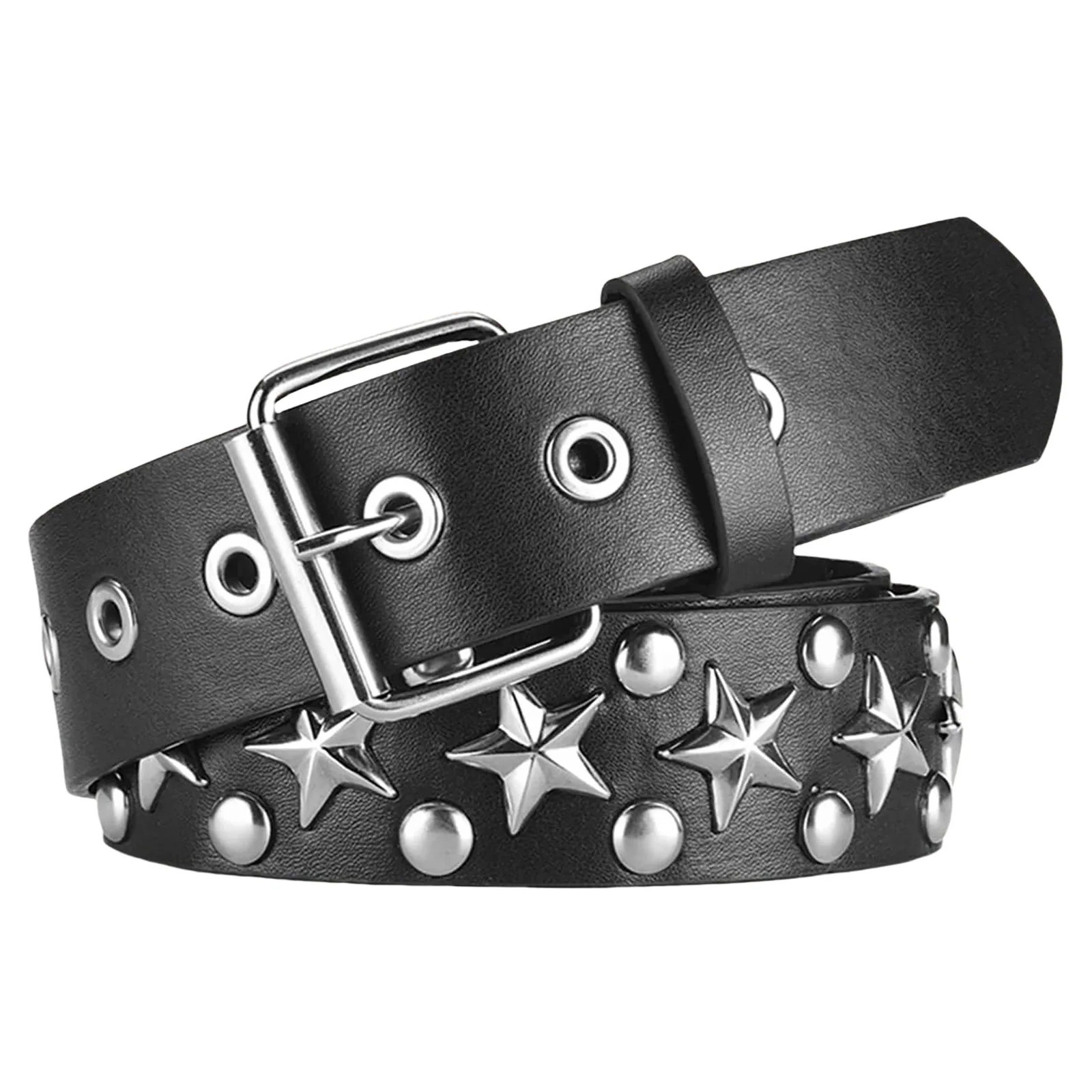 Cinturón Punk Y2K Para Mujeres Y Hombres, Cinturón De Metal Plateado Con Ojales, Cinturón De Cuero, Remaches Ajustable, Cinturón De Cincha Ajustable, Cinturón De Remache De Hip Hop, Negro