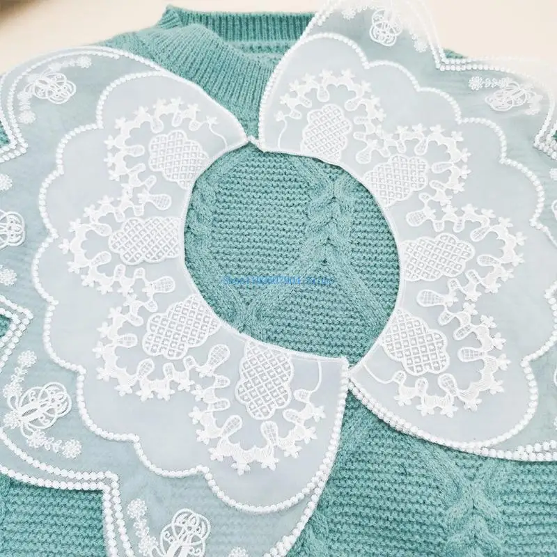 

N7YF Women Sweet for Doll Lace White False Collar Double Layered Exquisite Embroidery Floral Shawl Scarf Detachable Dickey