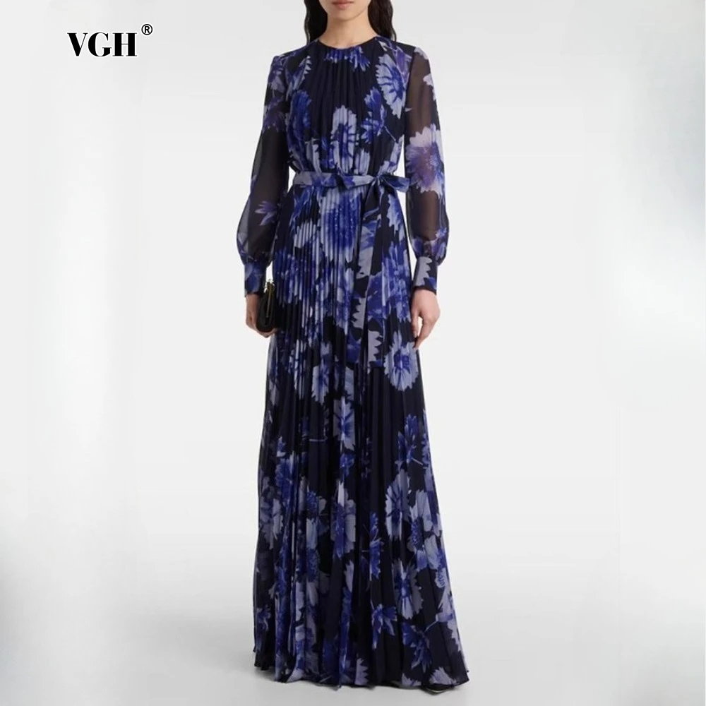 

VGH Vintage Printing Spliced Lace Up Long Dress for Women O Neck Lantern Sleeve High Waist Pleated Chiffon Dresses Female Summer