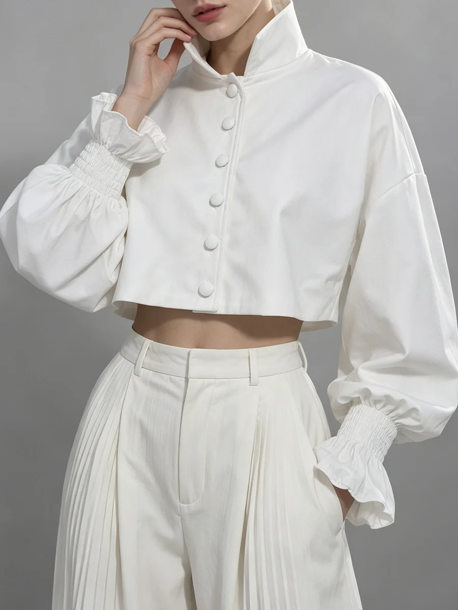 TWOTWINSTYLE Solid Spliced Ruffle Loose Jacket for Women High Collar Lantern Sleeve Patchwork Single Breasted Jackets Female New