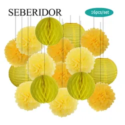 Baby Boy Girl 2nd Birthday Party Favor Yellow Set Folding Round Paper Lantern Wedding Baptism Decor DIY Tissue Pompom Honeycomb