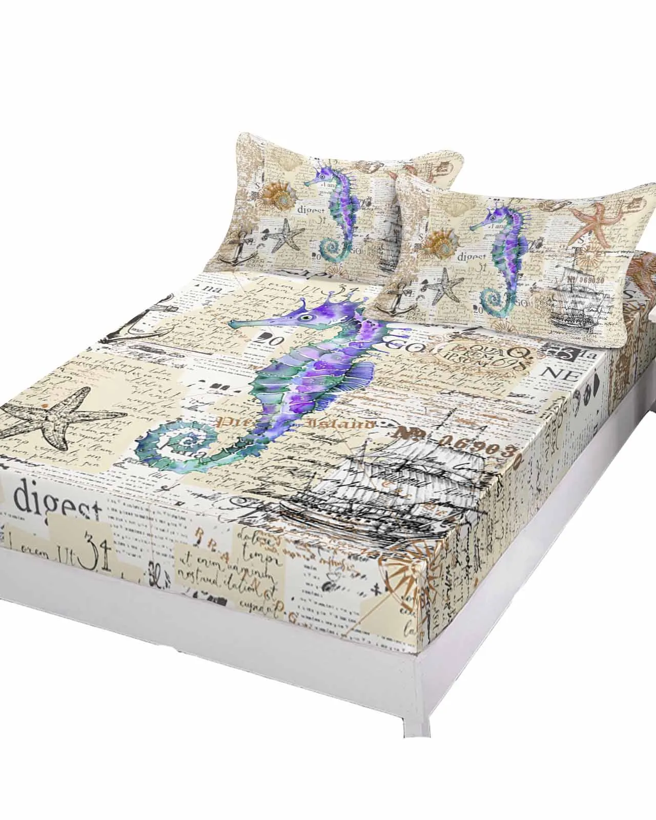 Hand Drawn Seahorse Navigation Queen Size Bed Mattress Fitted sheet Elastic Rubber Band Non-slip Bed Sheet Pillowcase Set