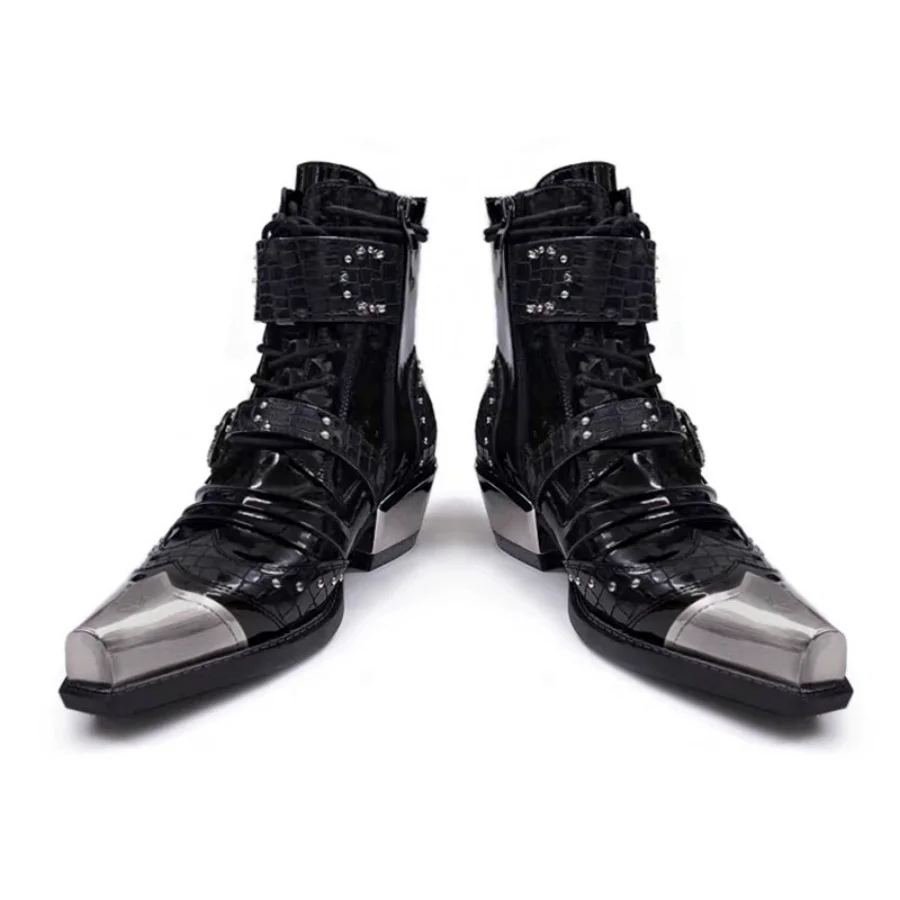 Men's Gothic Chelsea Boots Black Crocodile Embossed Patent Leather Metal Toe Cap Studded Buckle Strap Square Toe Ankle Boots