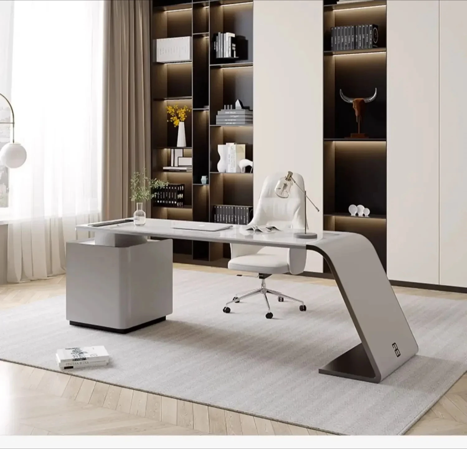 

Modern light luxury rock slab desk Italian minimalist high-end computer desk with side cabinet