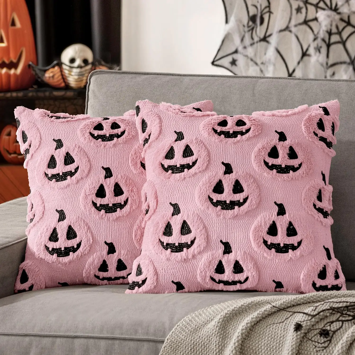 Halloween Fall Pumpkin Throw Pillow Covers 18x18 Pink Thanksgiving Decorative Ghost Pillowcases,Soft Plush Faux Wool Cushions