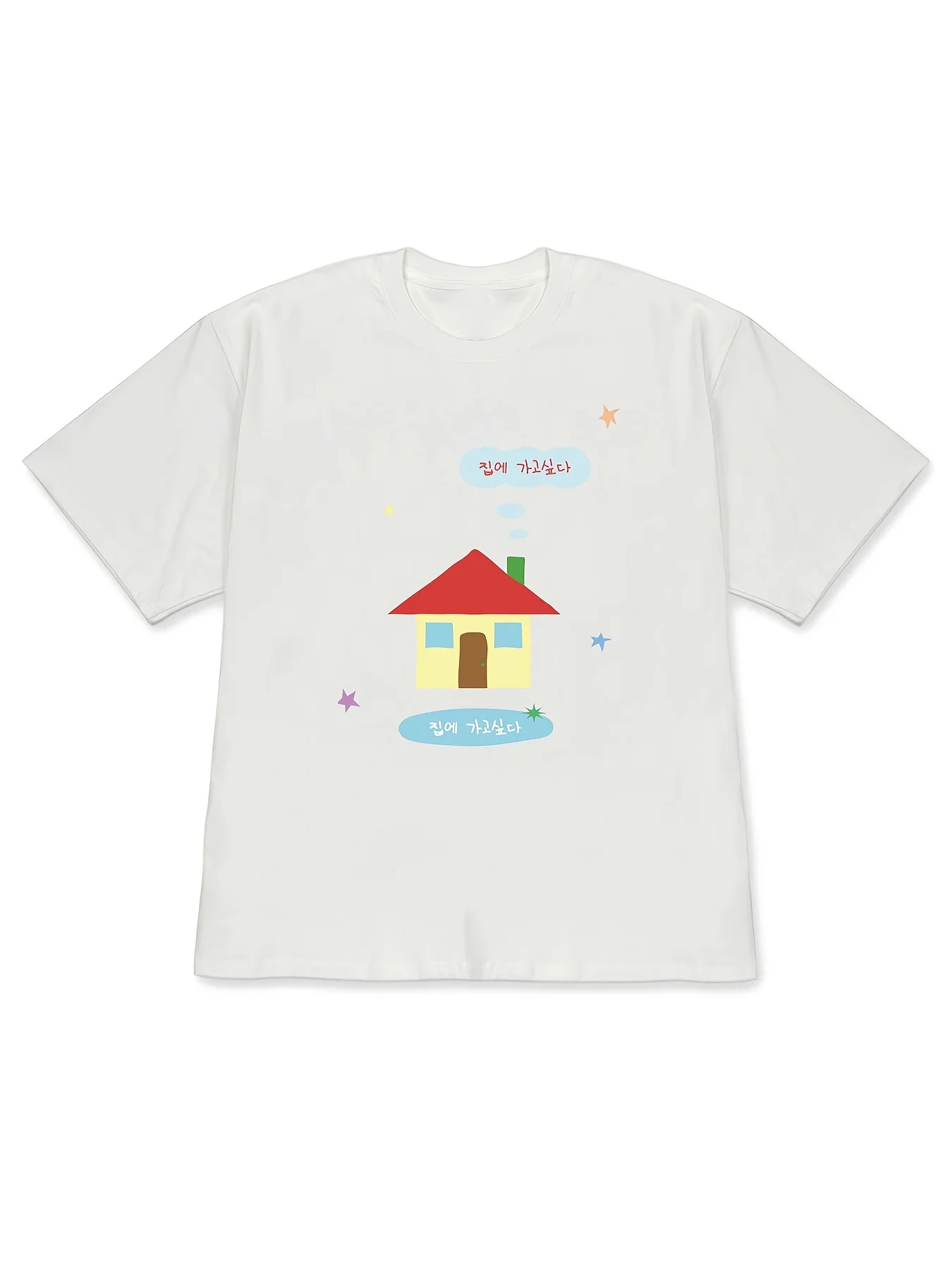 Minimal House Print White Loose Short Sleeve T-shirt Casual Summer Women Top