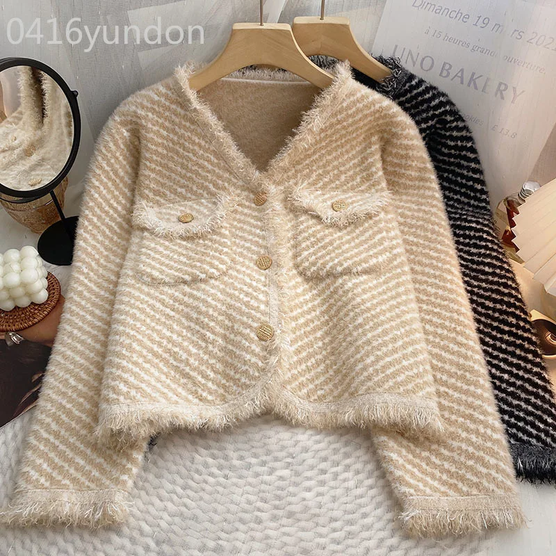 Vintage V Neck Sueters De Mujer Y2k Clothes Black Tassel Jacket Women Autumn Cardigan Knitted Top 2025 Striped Coat