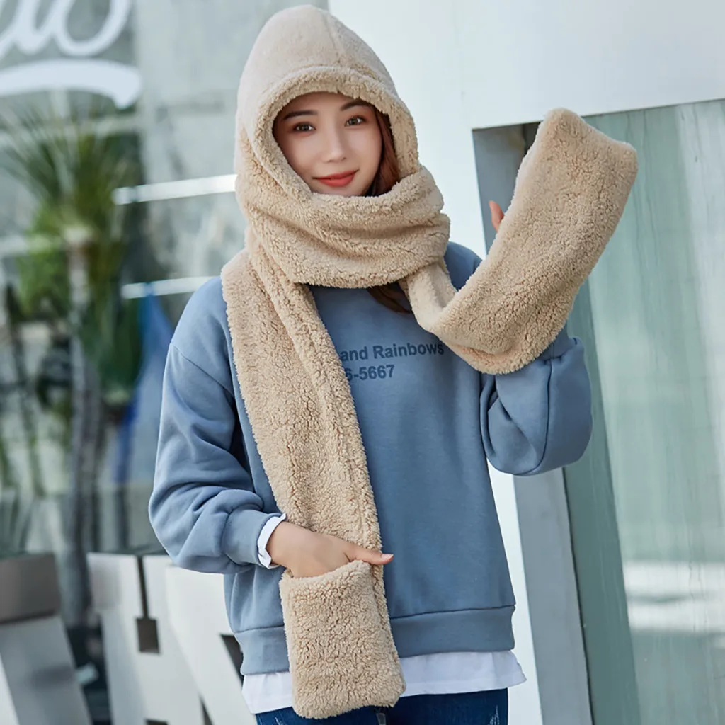 Fleece Long Scarf Cute Bear Ear Hat Women Thick Winter Caps Warm Plush One Clothing Components Scarf Hat Gloves Whole Set