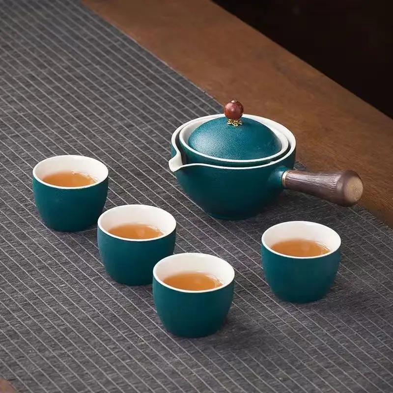 4Pcs Semi-Auto Rotating Gongfu Tea Set Anti-Scald Ceramic Side Handle Teapot Kit Portable Travel Gift Box for Office Home