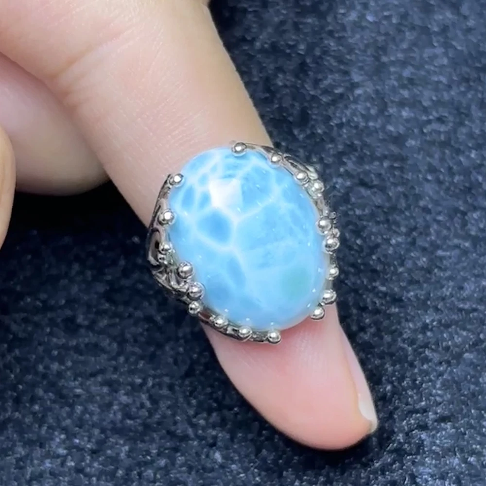 Natural Larimar 925 silver rings for women blue Larimar gemstone man big rings fine jewelry Opening ring design gem oval 15X20mm