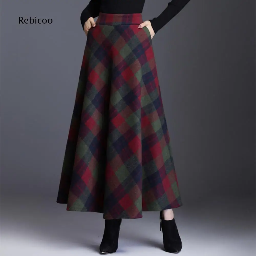 Ladies Vintage Checkered Long Skirt High Waist A Line Swing Silhouette Soft Woolen Fabric Maxi Skirt With Practical Side Pockets