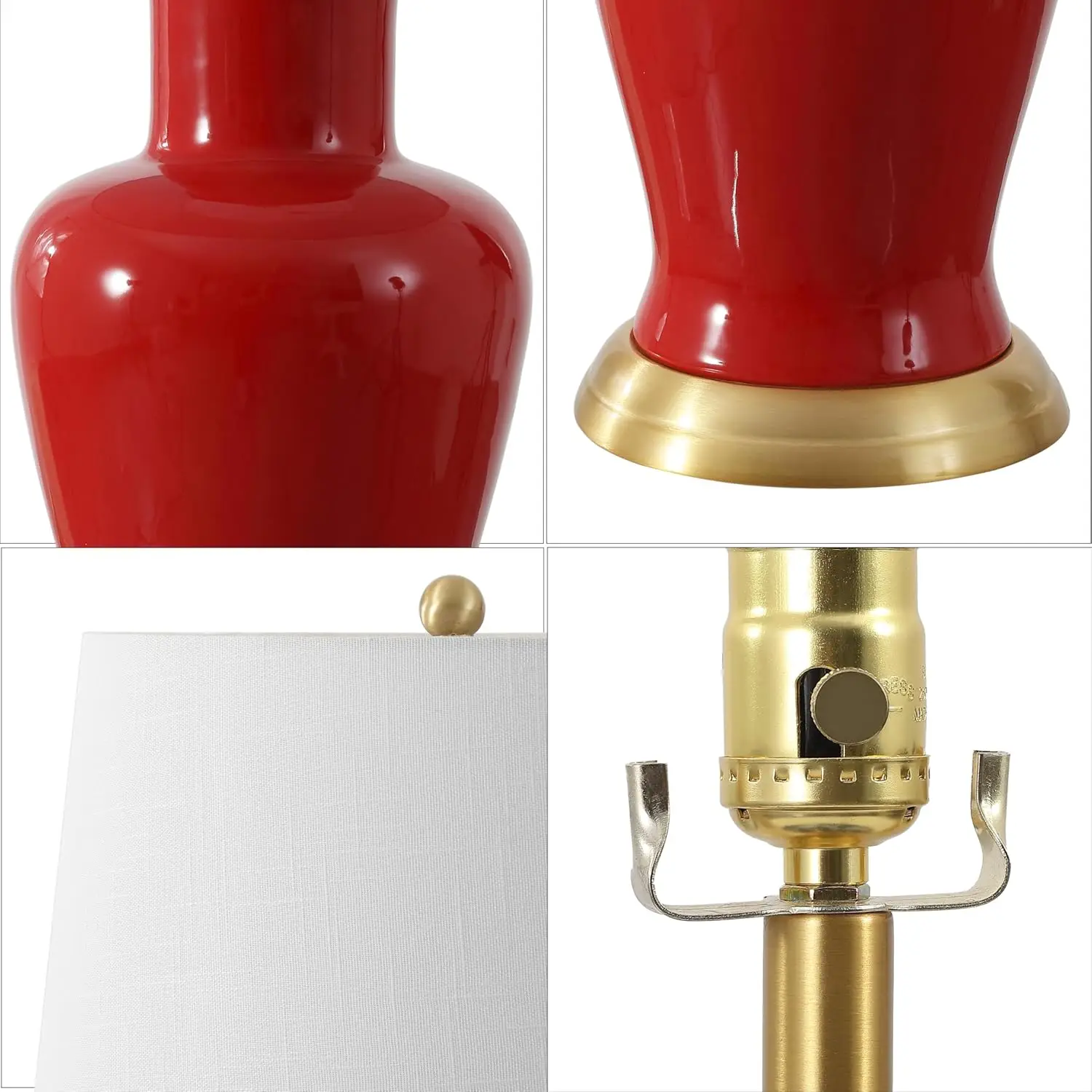 JYL4026G مصباح طاولة سيراميك ذهبي أحمر مقاس 29 بوصة، مصباح منضدة لغرفة النوم عتيق، غطاء طبل من الكتان الأبيض، يتضمن لمبة LED
