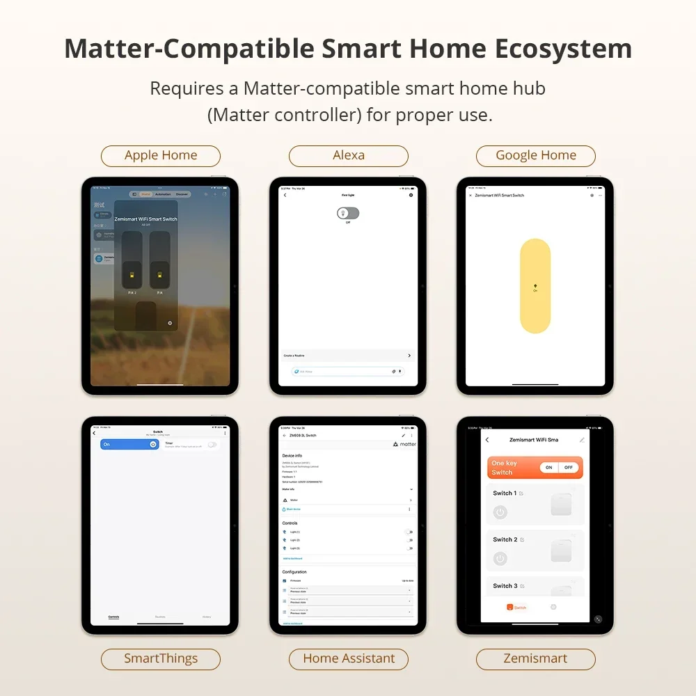 Matter WiFi Smart Wall Light Switch 1 2 3 4 6 Gangs Flame-retardant PC Material Panel Work with Homekit Smartthings Google Home