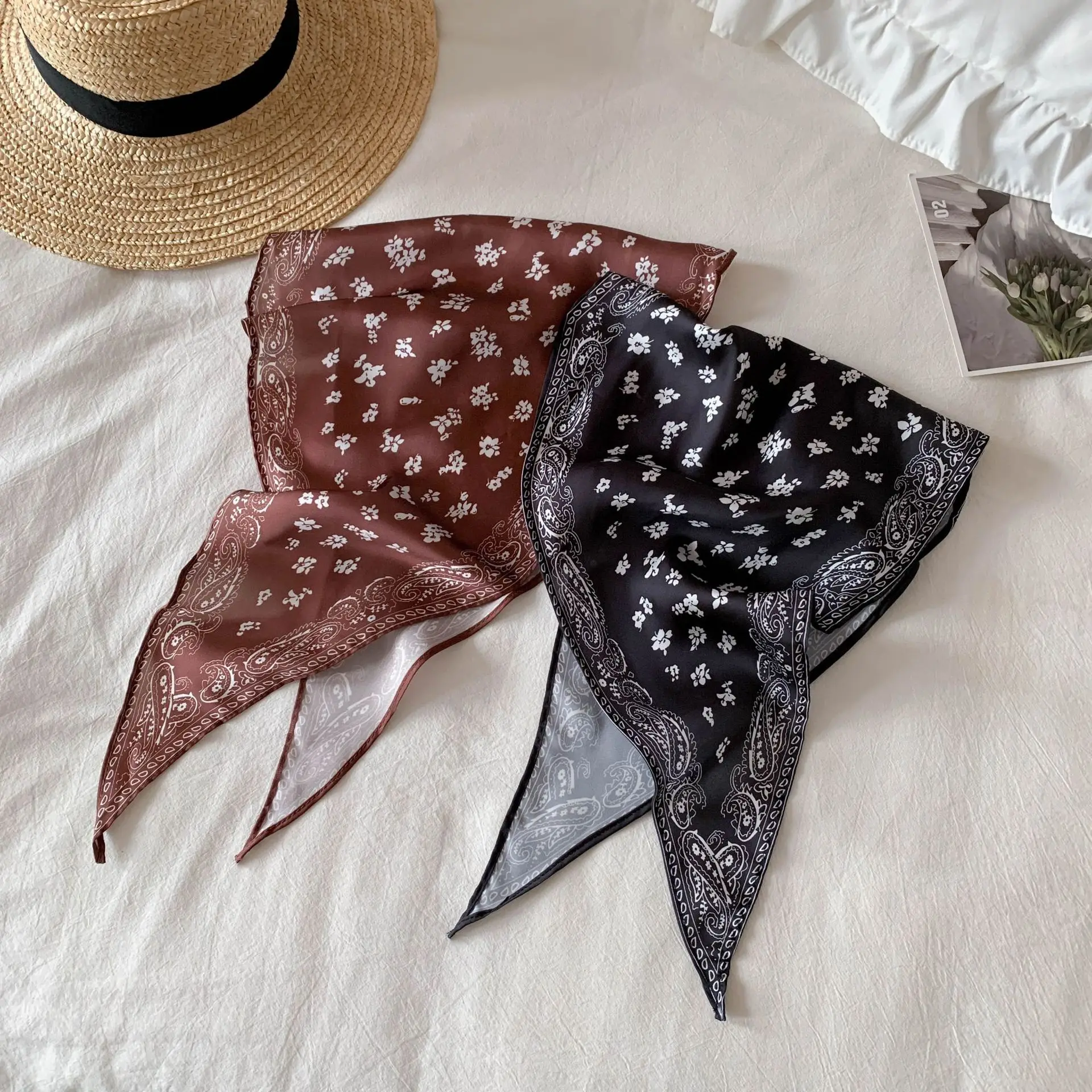 Bandana Scarf Vintage Paisley Diamond Print Garden Style Lightweight Cotton Linen Versatile Hair Neck Wrap Belt Women Gift