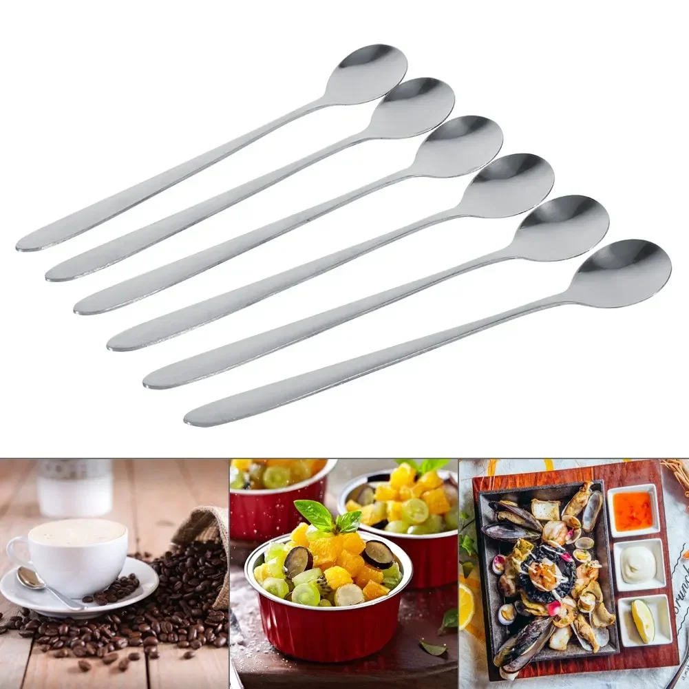 6Pcs Stainless Steel Stylish Long Handle Latte Ice Cream Sundae Coffee Soup Spoon Teaspoons