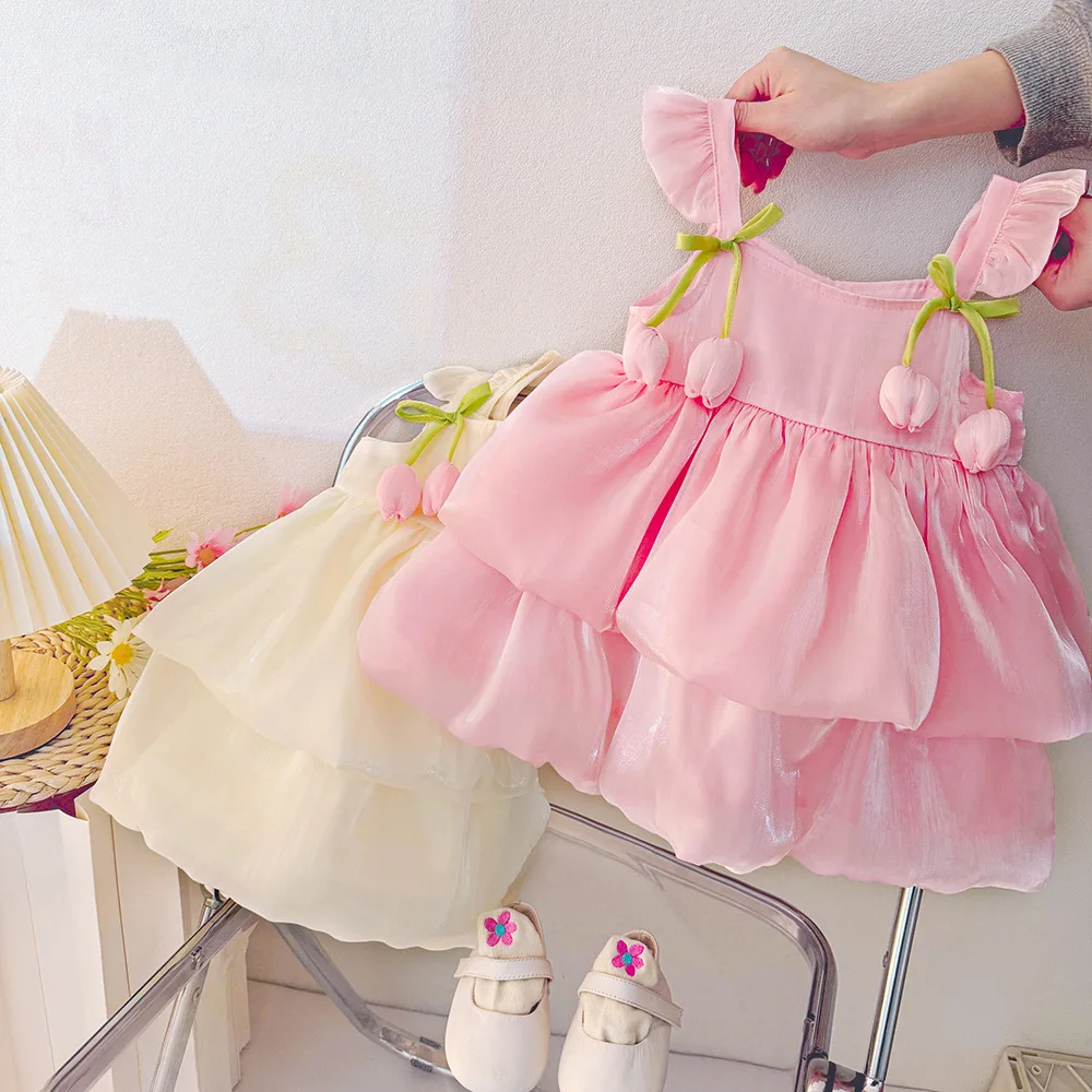Baby Girl Clothes Summer Tulip Pattern Solid Color Halter Puffy Girl Kids' Dress Cute Casual Princess Dress For Baby Girl