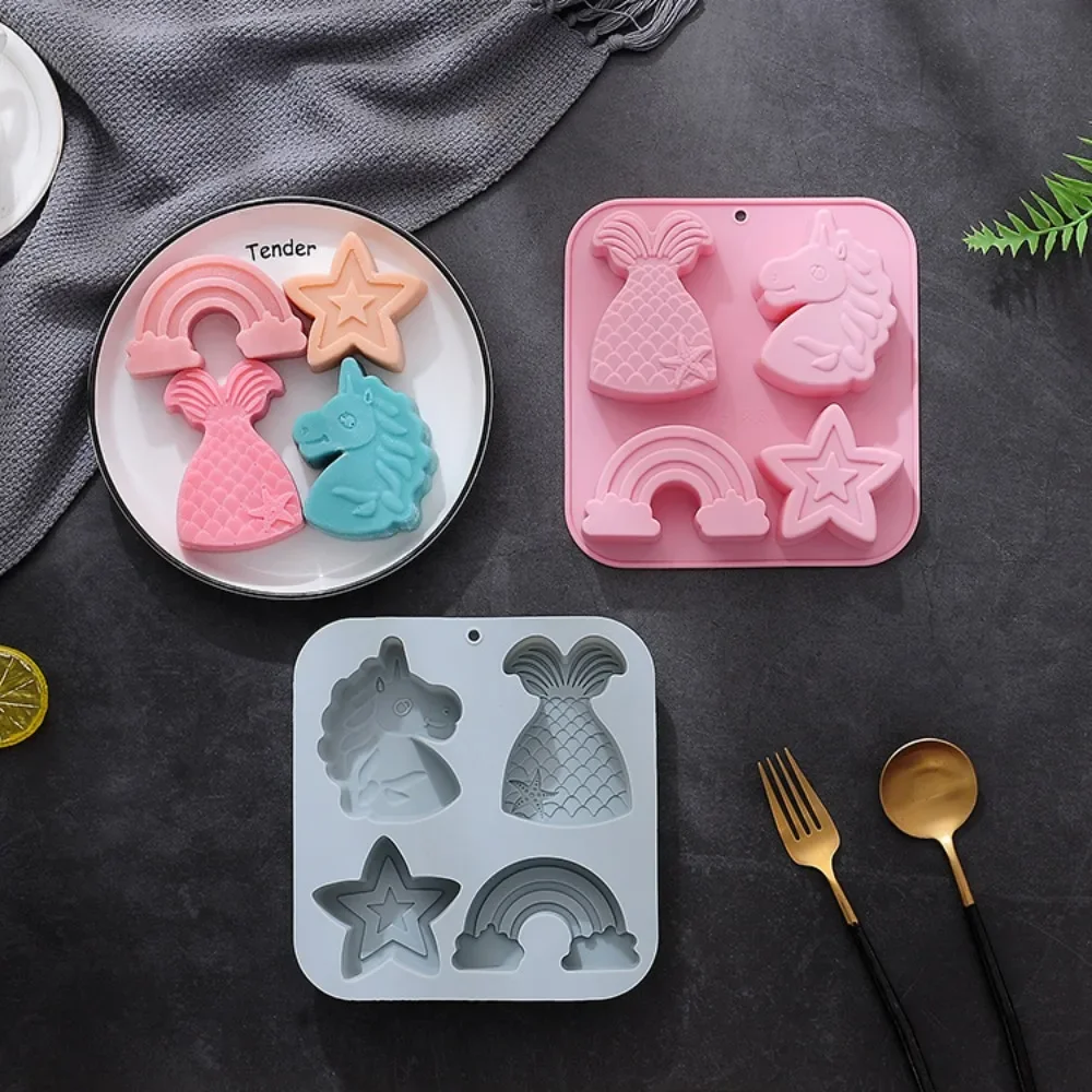 4 Holes Star Rainbow Silicone Chocolate Moulds Unicorn Jelly Biscuit Molds Mermaid Scented Candle Birthday Party Decor Soap Gift