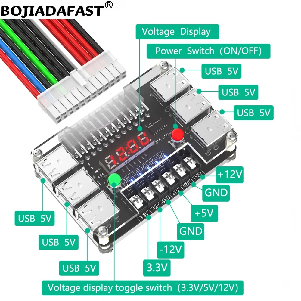 ATX 24PIN Female to 12 x 5V USB 2.0 Connector PSU Breakout Board With 3.3V 5V 12V GND -12V Max 3A Output