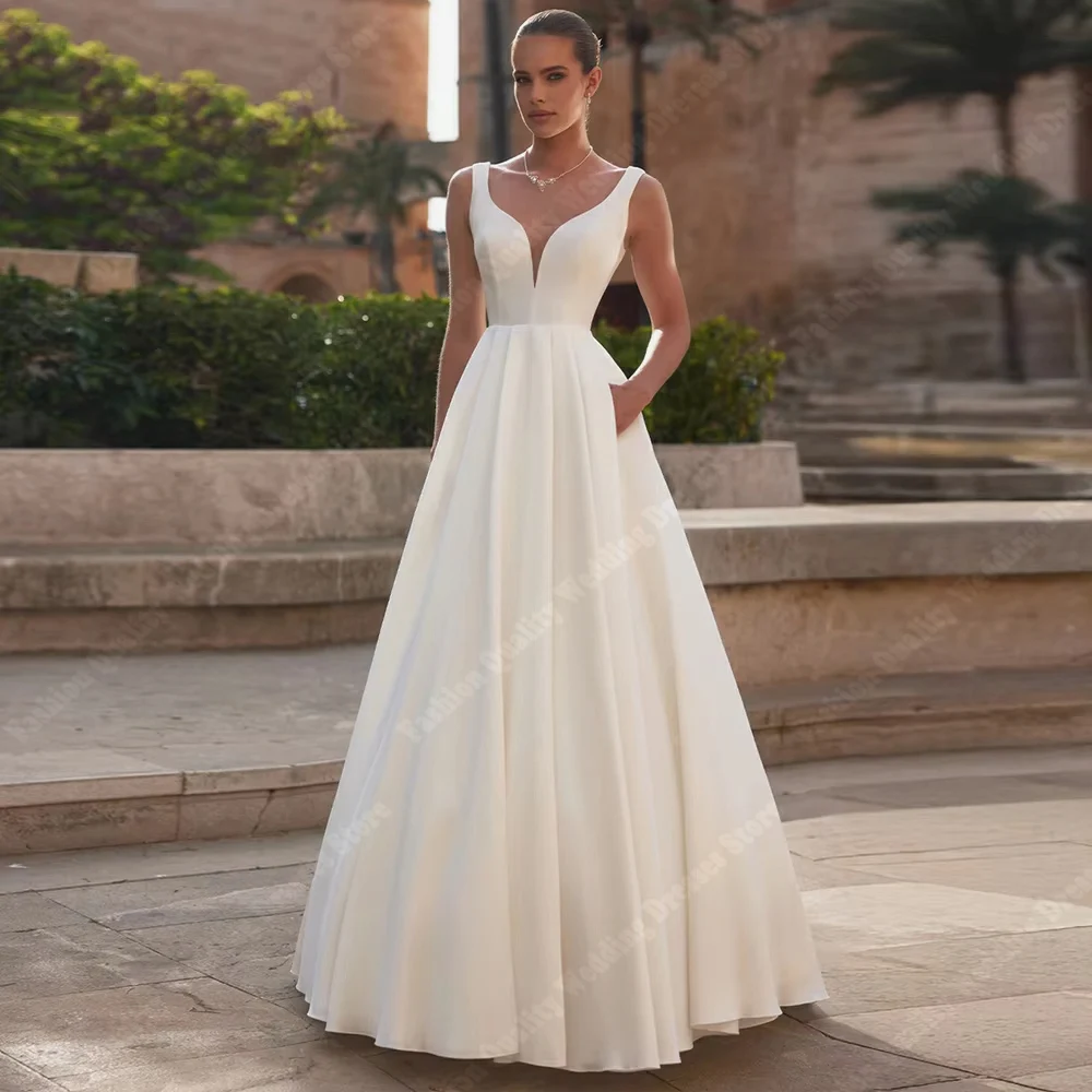 

2025 Elegant Women Beach Wedding Dresses Sexy V-Neck A-Line Satin Bridal Gowns Engagement Banquet Vestidos De Novias Customized